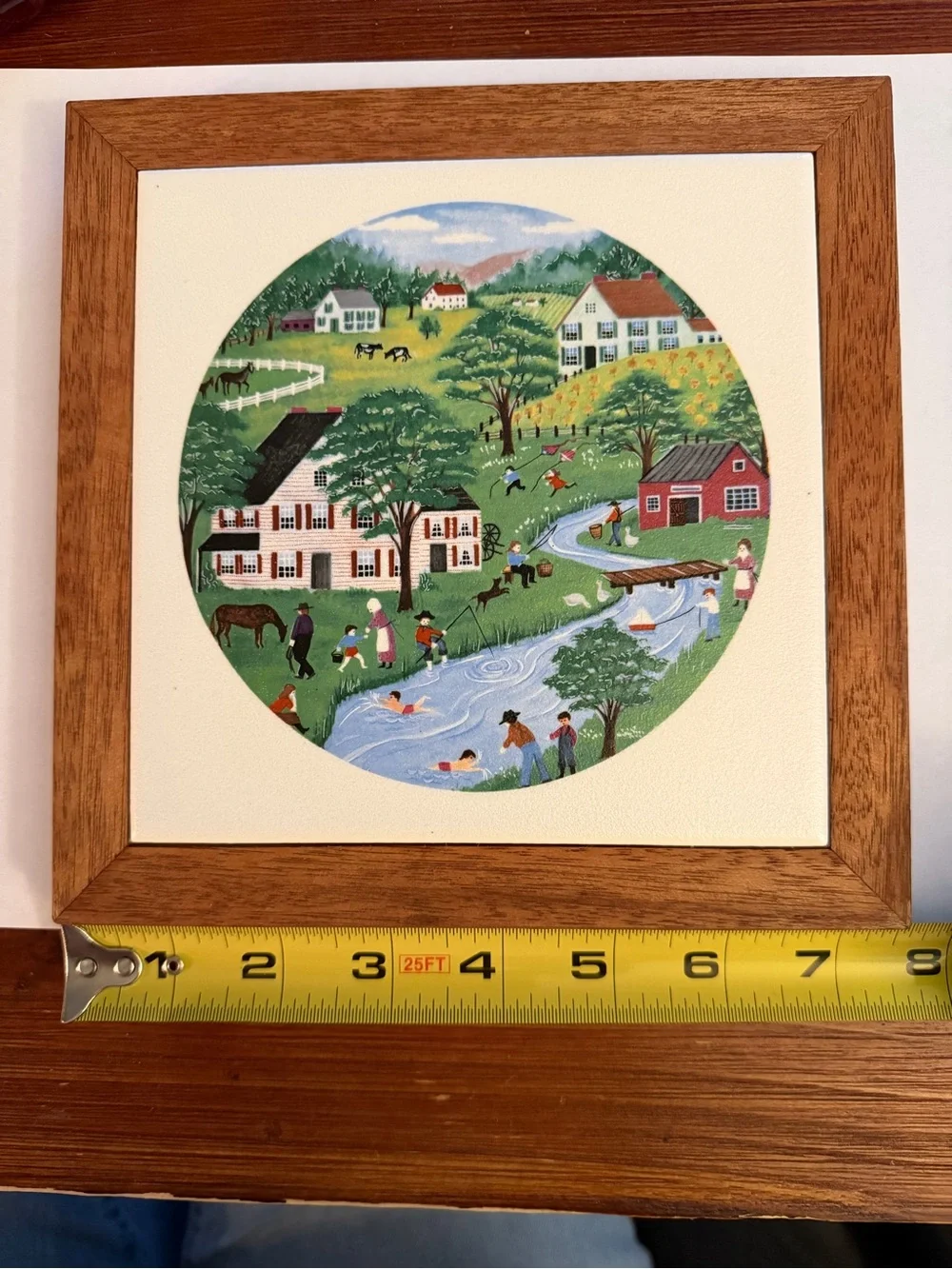 Framed Folk Art Country Scene trivet/wall artin Wood Frame - Multicolori